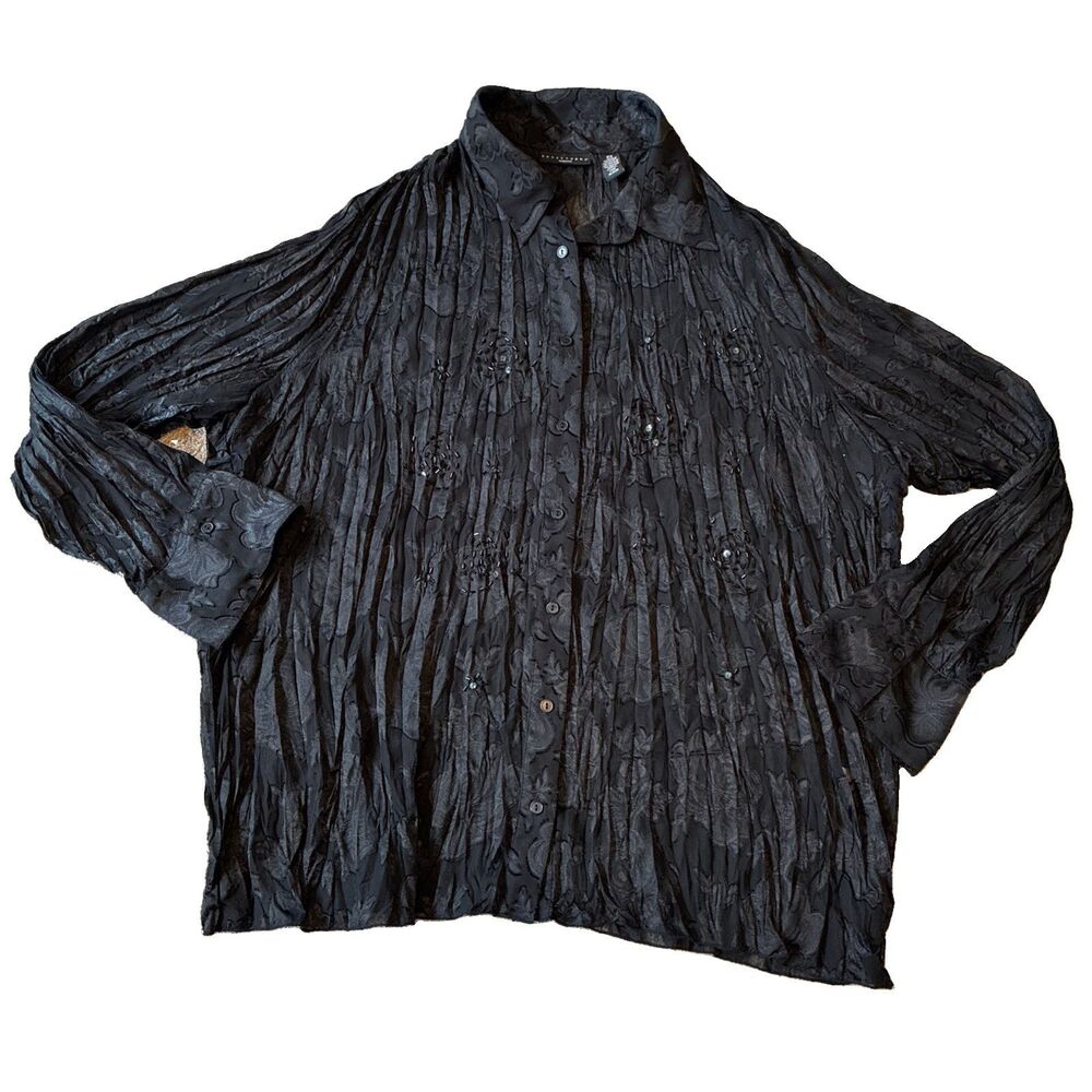 Apostrophe VTG Womens Plus Size crinkle blouse bell sleeve-lace whimsy Top 2XL - Picture 8 of 11